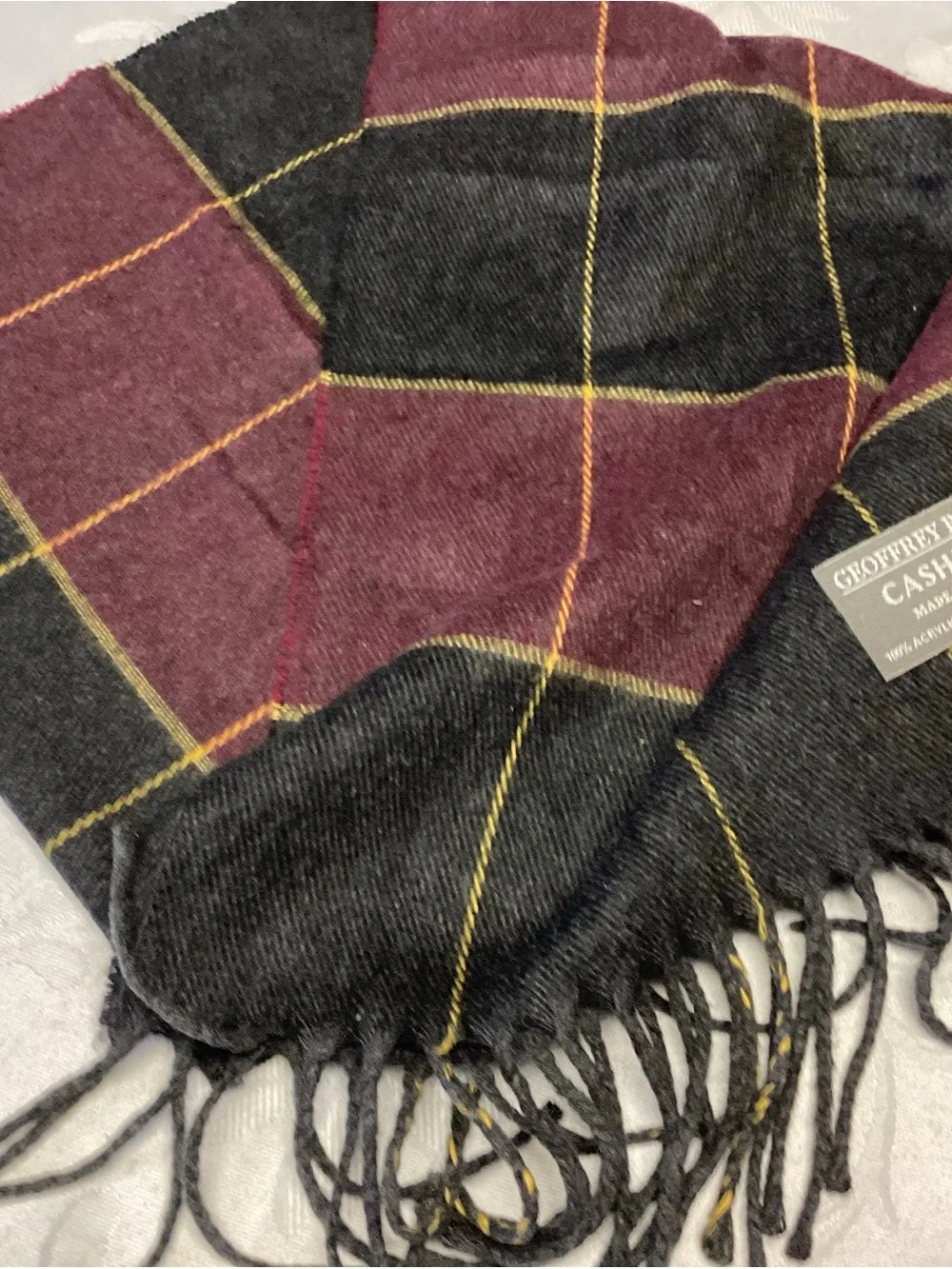 Geoffrey Beene Charcoal, Burgundy & Yellow Plaid Scarf